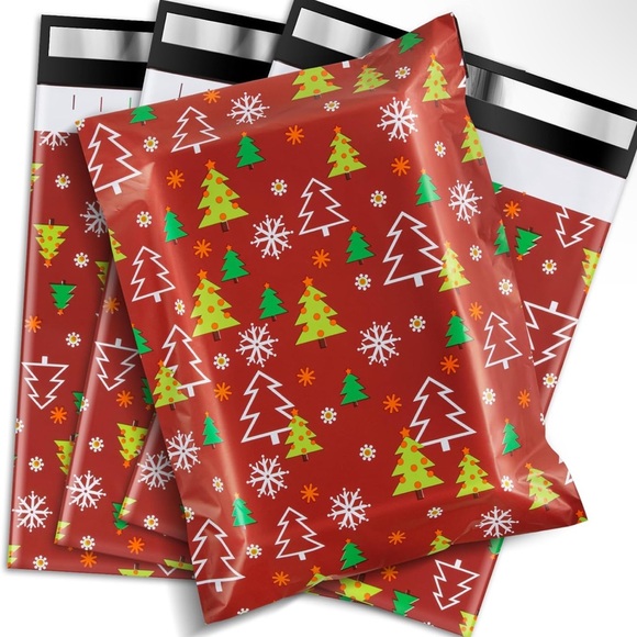 20 POLYMAILERS w/ Tissue Paper - Christmas Holiday Red with Trees - Picture 2 of 6